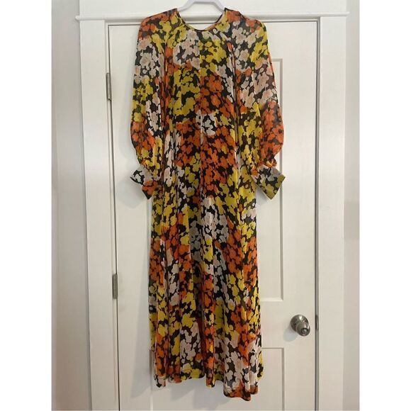 NWT Alexander McQueen HISANO FLORAL-PRINT SILK-CHIFFON MIDI DRESS IN ORANGE - Picture 2 of 4